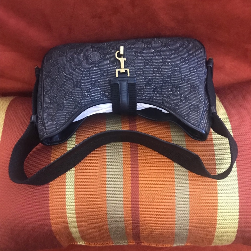 Gucci Jackie GG Denim Canvas Black Leather Trim Shoulder Bag Gold Piston Closure - Picture 4 of 12